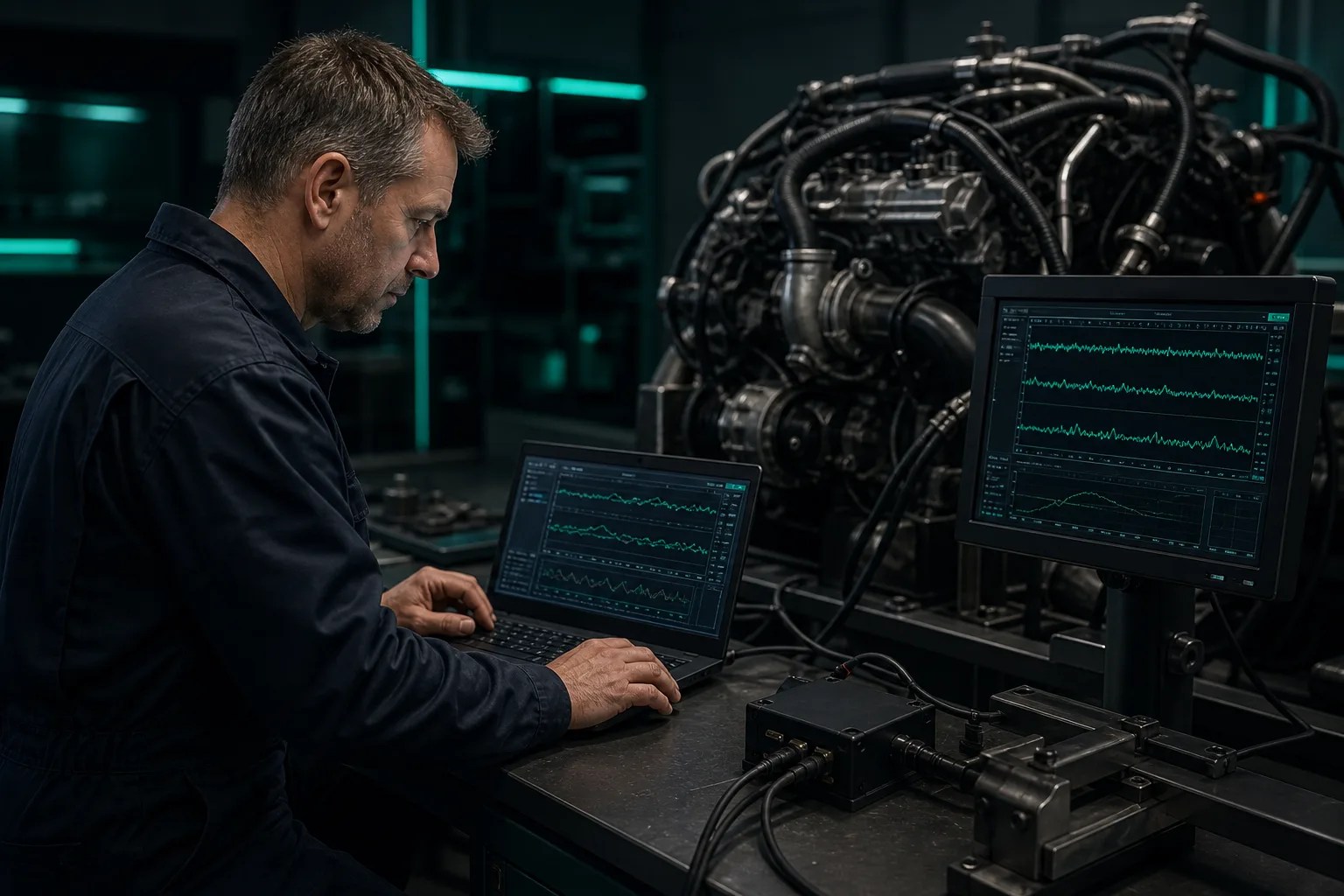 Techniker erstellt digitales Messprotokoll an Prüfstand — 1200x800